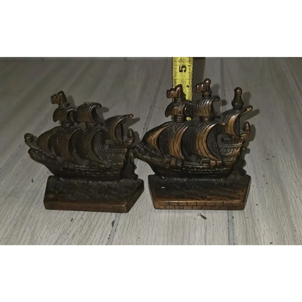 Vtg Spanish Galleon Bookends w Sailing Ships Copper Coated Cast Iron Nautical